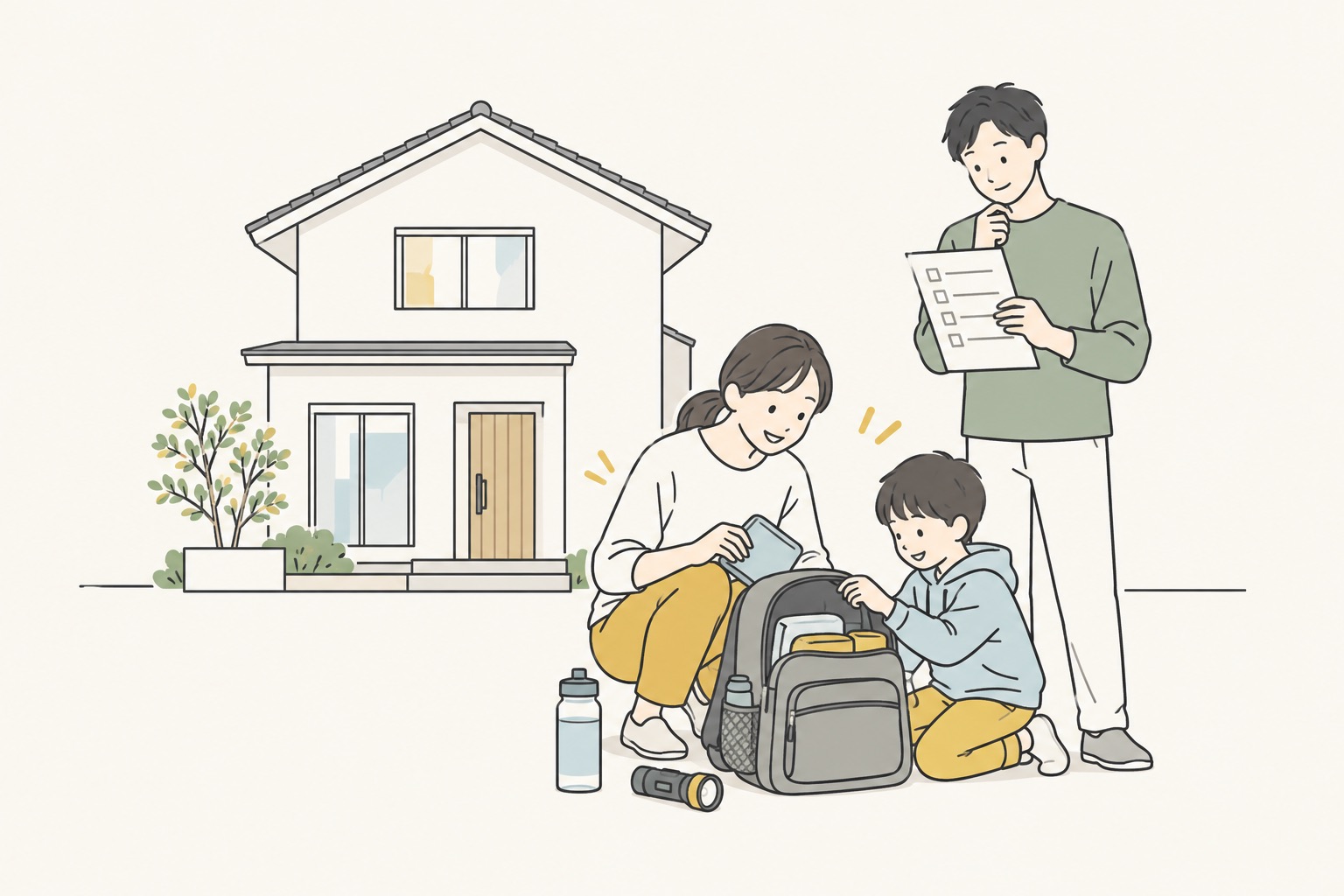 住まいの前で、家族が一緒に防災リュックの中身を確認しているイラスト